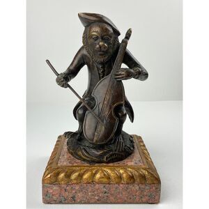 Vintage Theodore Alexander Bronze Monkey Playing Violin Cello Marble Base Statue